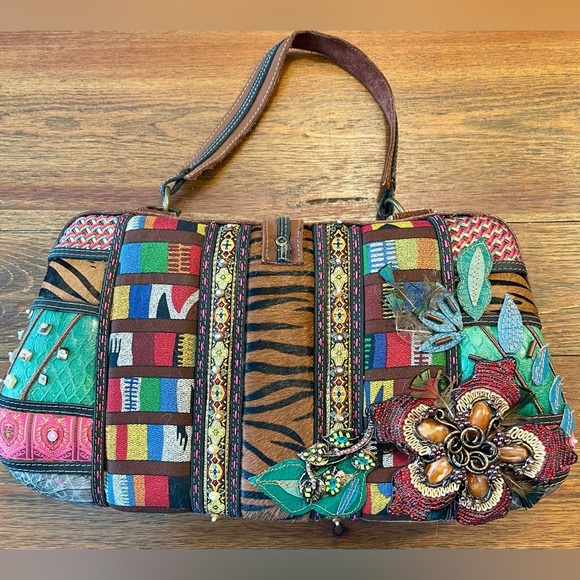 Mary Frances | Vintage Patchwork Leather Hand Bag | Hard Case | Feather/Floral - Picture 1 of 12